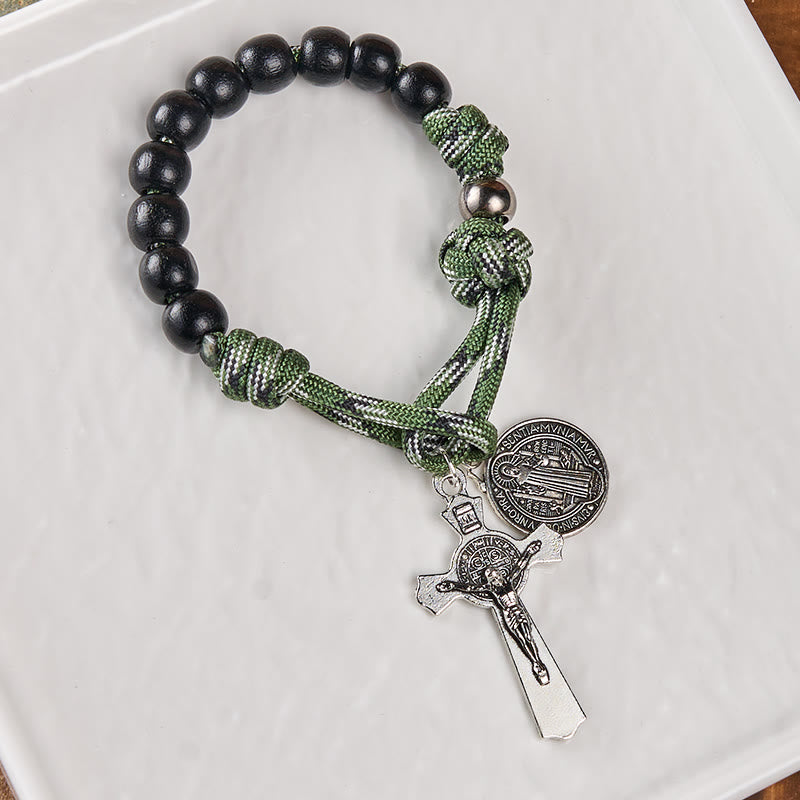 St. Benedict Medal & Crucifix of 10 mm Round Black Wood Green Paracord Pocket Rosary