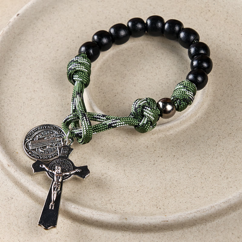 St. Benedict Medal & Crucifix of 10 mm Round Black Wood Green Paracord Pocket Rosary