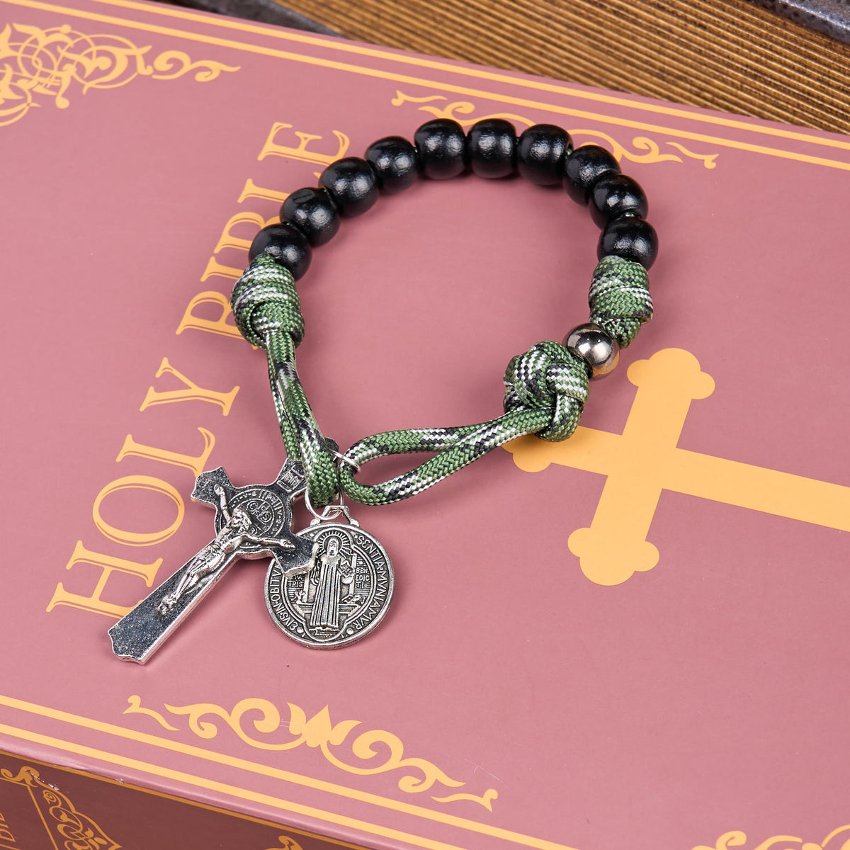 St. Benedict Medal & Crucifix of 10 mm Round Black Wood Green Paracord Pocket Rosary