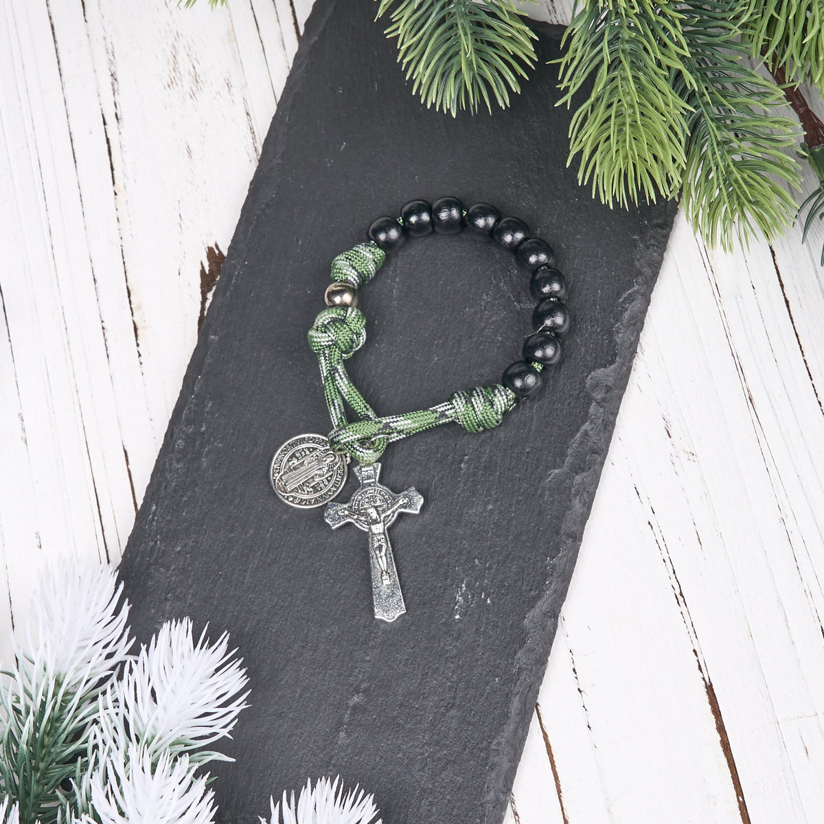 St. Benedict Medal & Crucifix of 10 mm Round Black Wood Green Paracord Pocket Rosary