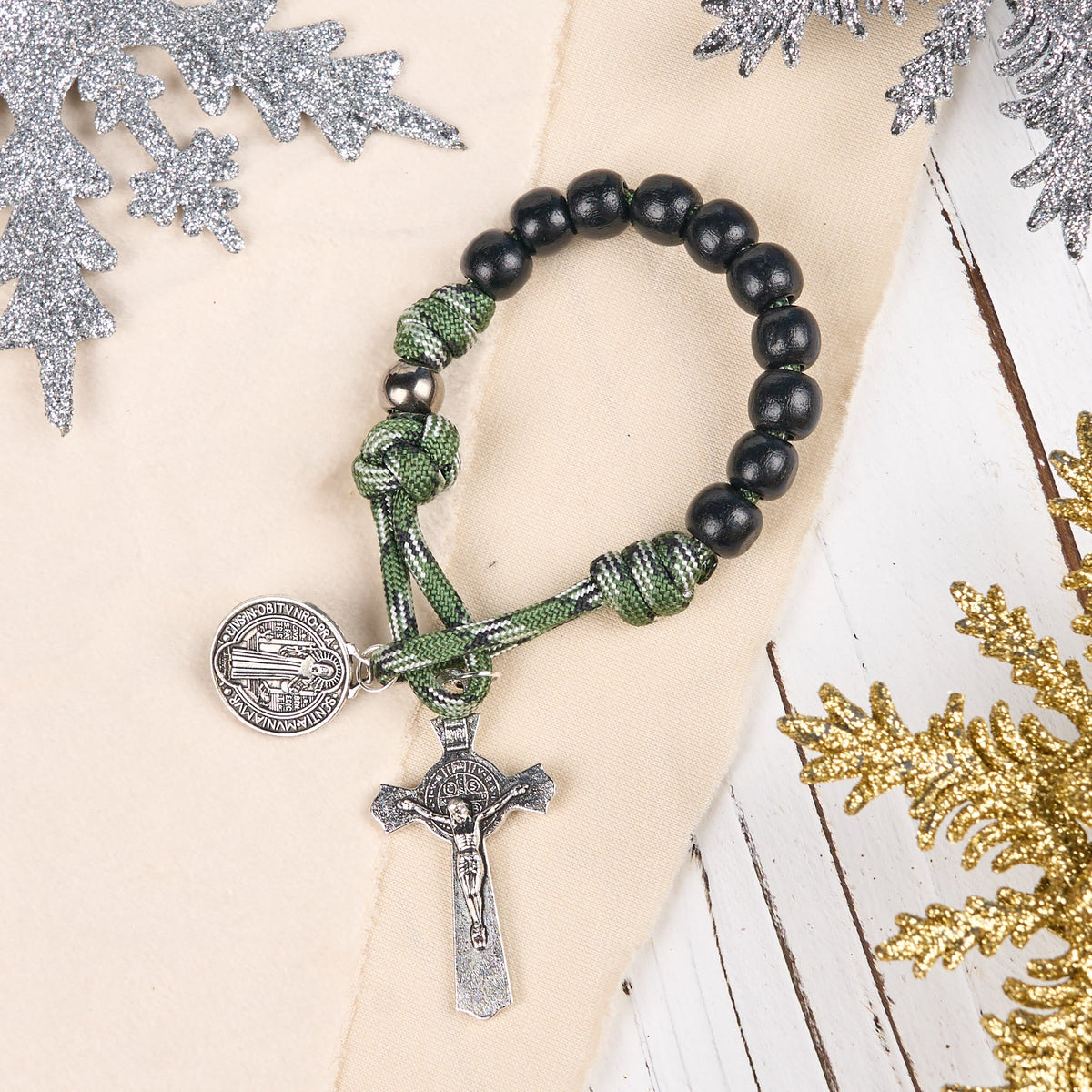 St. Benedict Medal & Crucifix of 10 mm Round Black Wood Green Paracord Pocket Rosary