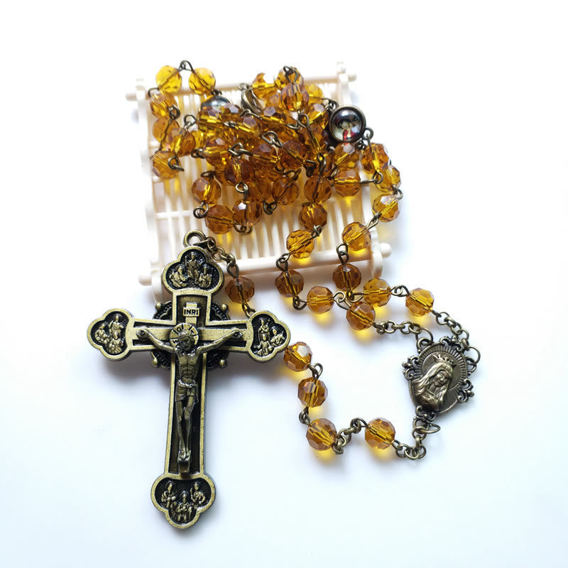 Virgin Mary & Crucifix of 8 mm Polyhedron Yellow Glass Alloy Chain Rosary