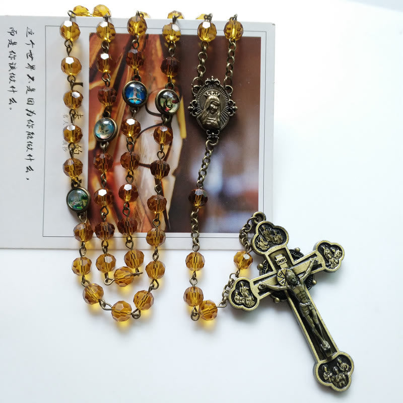 Virgin Mary & Crucifix of 8 mm Polyhedron Yellow Glass Alloy Chain Rosary