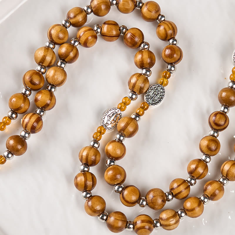 Miraculous Medal & Crucifix of 8 mm Round Brown Wood Nylon Cord Rosary
