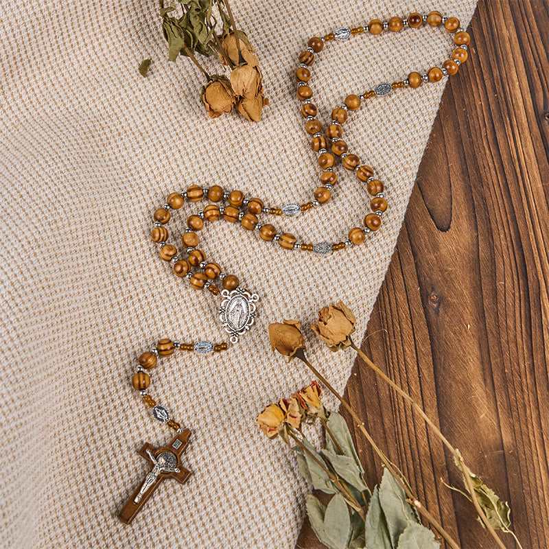 Miraculous Medal & Crucifix of 8 mm Round Brown Wood Nylon Cord Rosary