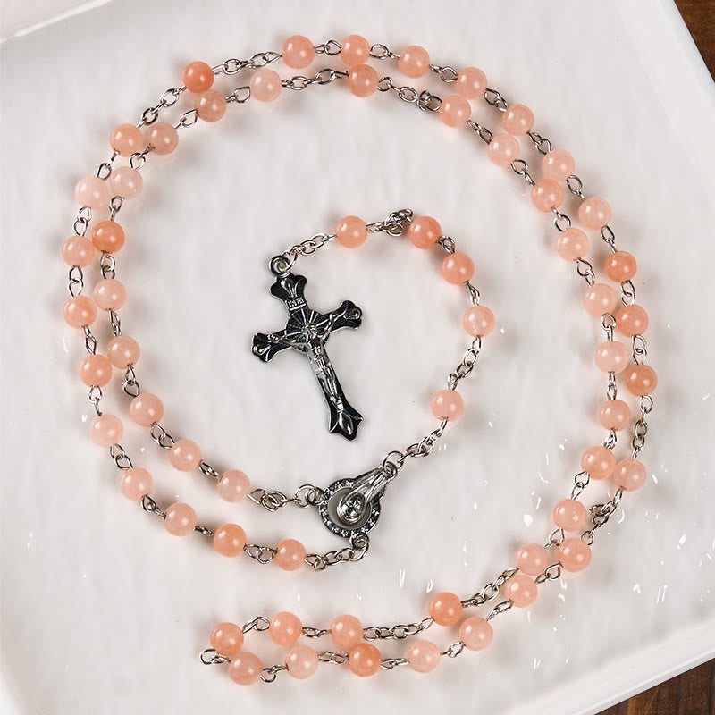Our Lady of Rosary & Crucifix of 6 mm Round Pink Agate Alloy Chain Rosary