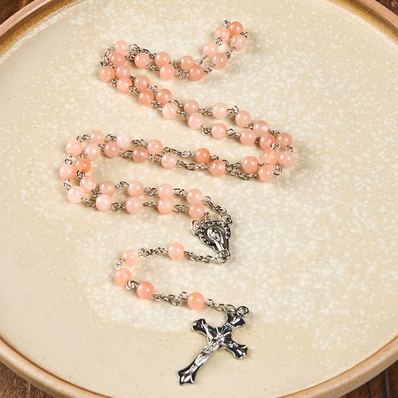 Our Lady of Rosary & Crucifix of 6 mm Round Pink Agate Alloy Chain Rosary