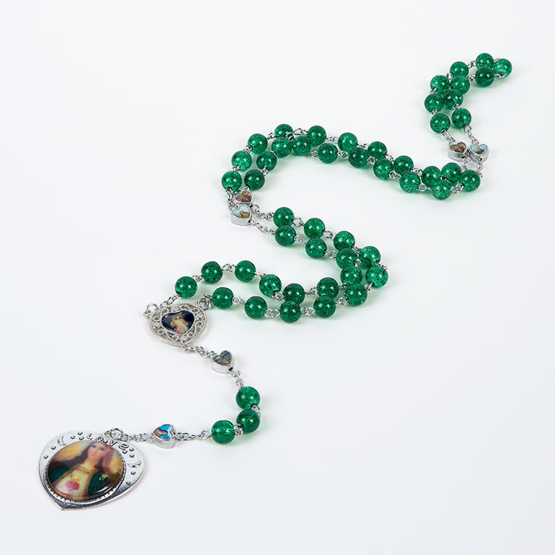 Jesus Mary Double-Sided Medal & Sacred Heart of Our Lady of 8mm Round Green Glass Alloy Chain Rosary