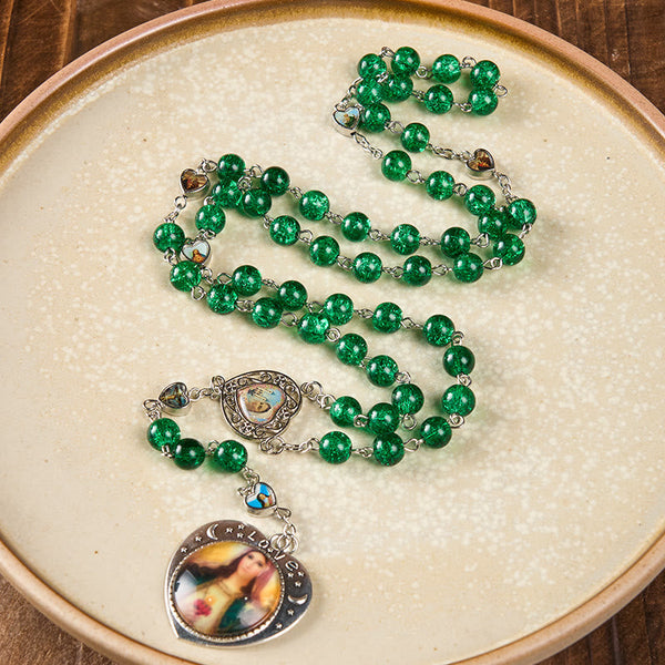 Jesus Mary Double-Sided Medal & Sacred Heart of Our Lady of 8mm Round Green Glass Alloy Chain Rosary