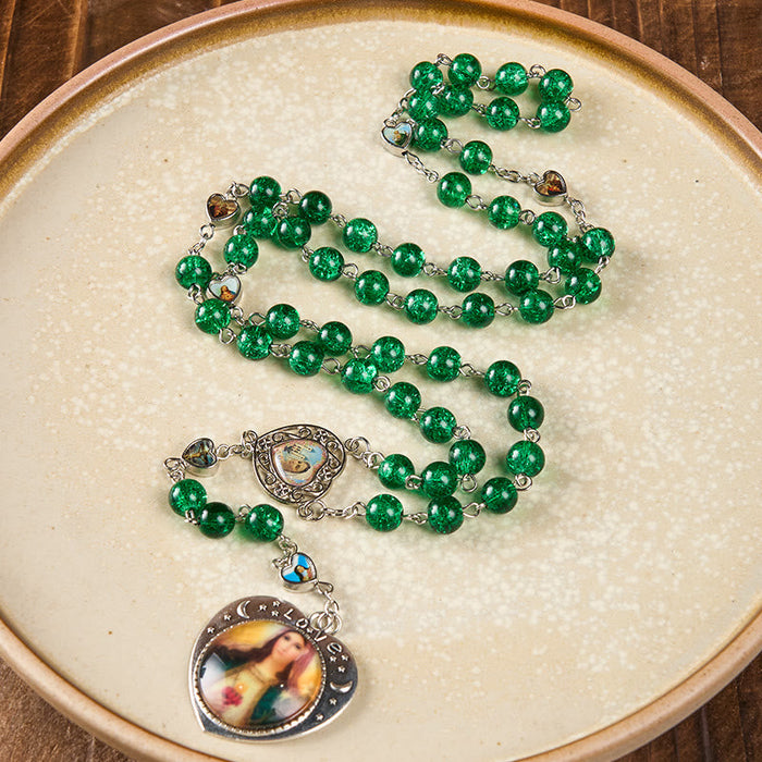 Jesus Mary Double-Sided Medal & Sacred Heart of Our Lady of 8mm Round Green Glass Alloy Chain Rosary