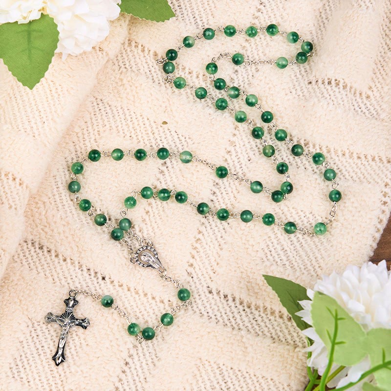 Our Lady of Rosary & Crucifix of 6mm Round Green Agate Alloy Chain Rosary