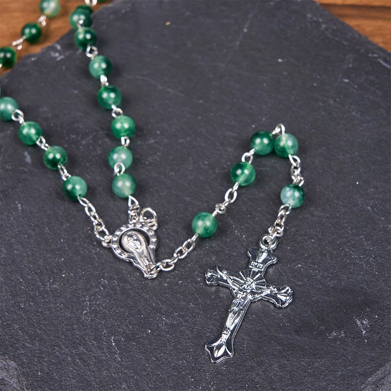 Our Lady of Rosary & Crucifix of 6mm Round Green Agate Alloy Chain Rosary