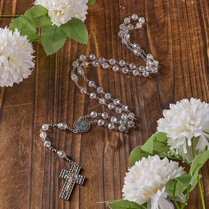 St. Benedict Medal & Crucifix of 8mm Polyhedron Clear Crystal Alloy Chain Rosary