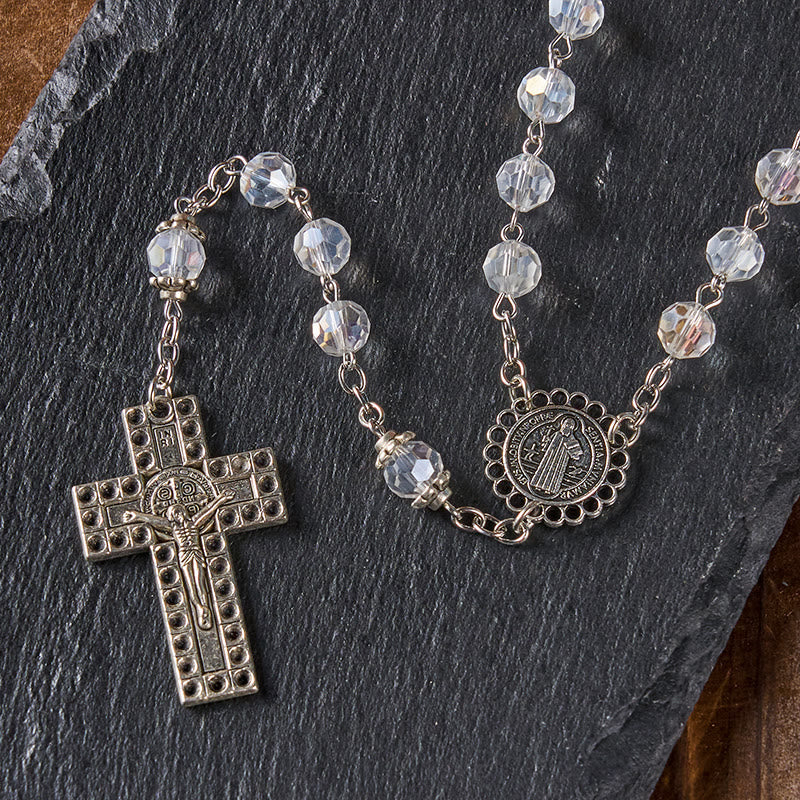 St. Benedict Medal & Crucifix of 8mm Polyhedron Clear Crystal Alloy Chain Rosary