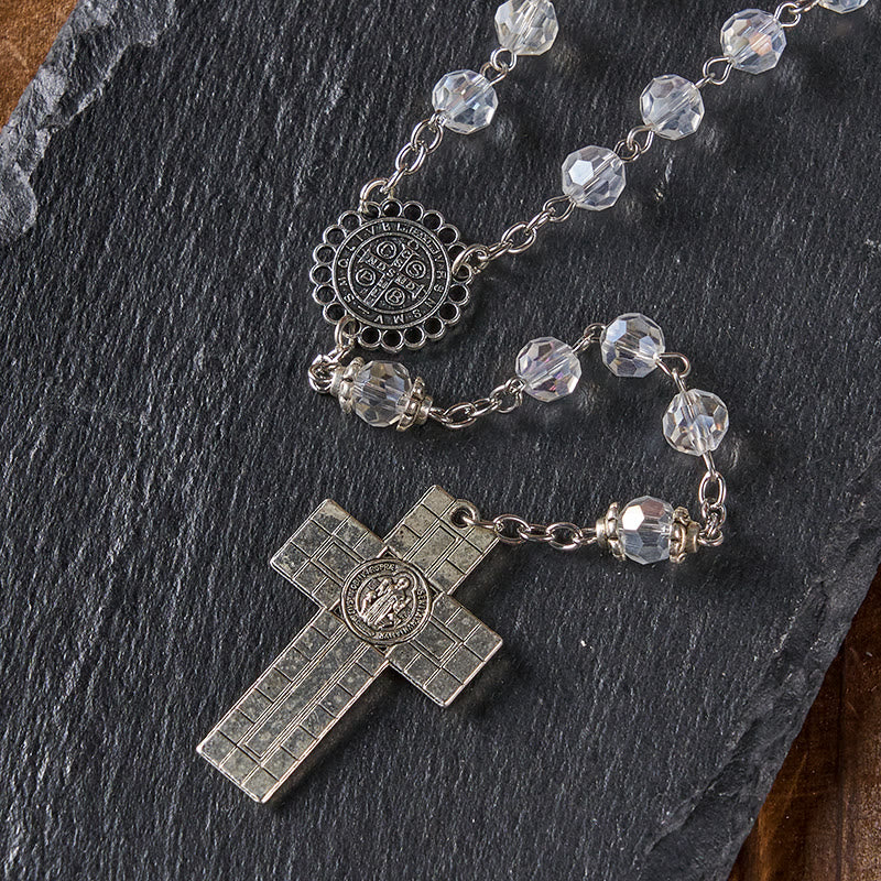 St. Benedict Medal & Crucifix of 8mm Polyhedron Clear Crystal Alloy Chain Rosary