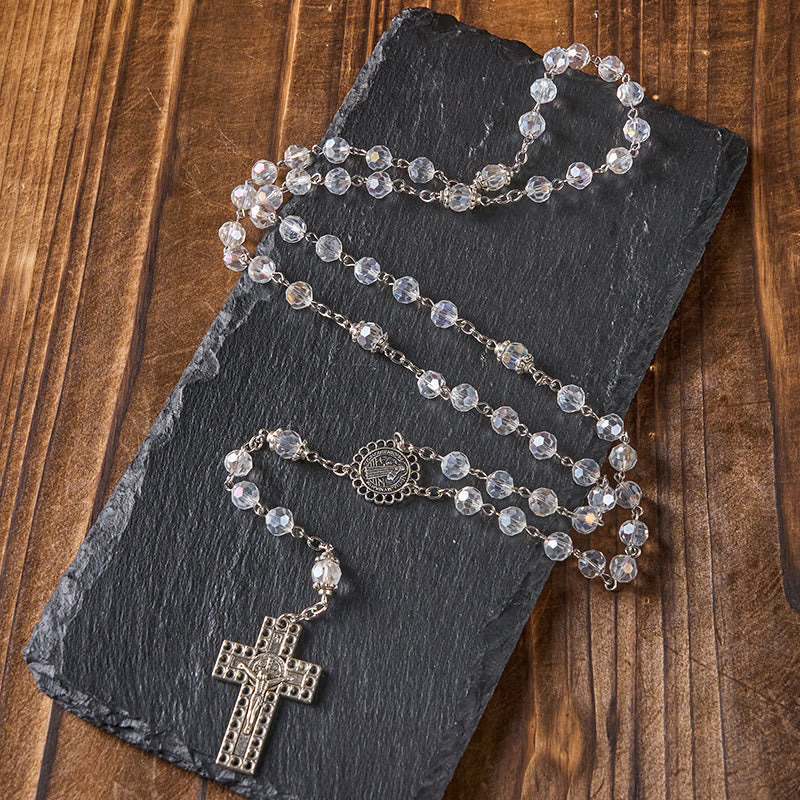 St. Benedict Medal & Crucifix of 8mm Polyhedron Clear Crystal Alloy Chain Rosary