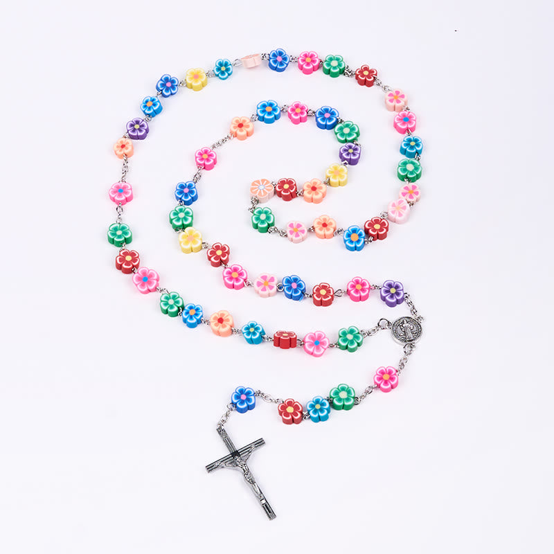 St. Benedict Medal & Crucifix of 8 mm Flower Multicolor Polymer Clay Alloy Chain Rosary