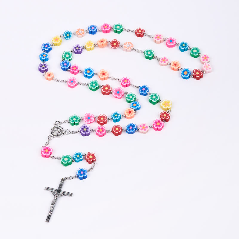 St. Benedict Medal & Crucifix of 8 mm Flower Multicolor Polymer Clay Alloy Chain Rosary