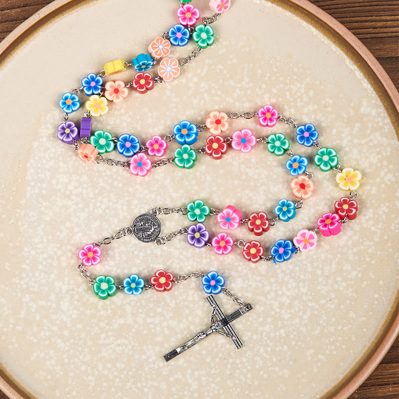 St. Benedict Medal & Crucifix of 8 mm Flower Multicolor Polymer Clay Alloy Chain Rosary