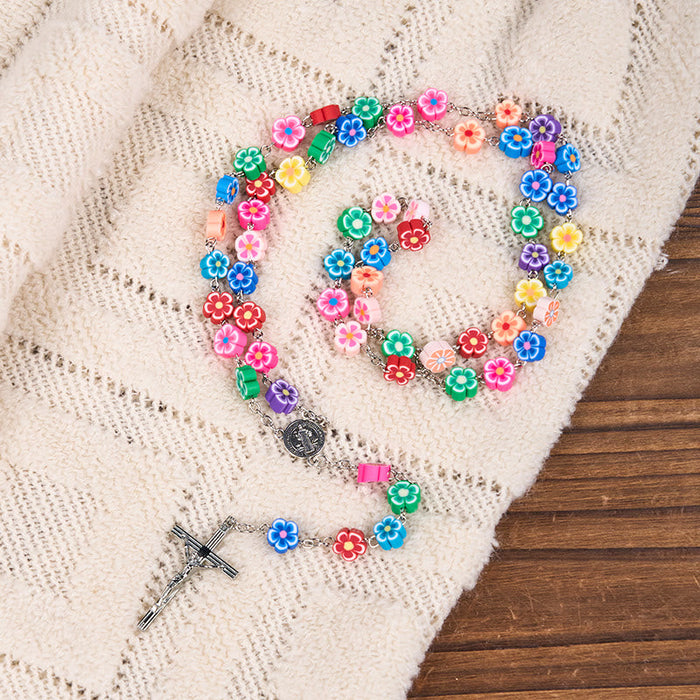 St. Benedict Medal & Crucifix of 8 mm Flower Multicolor Polymer Clay Alloy Chain Rosary