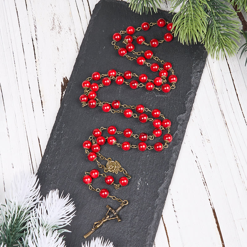 Rose & Crucifix of 8 mm Round Red Natural Stone Alloy Chain Rosary