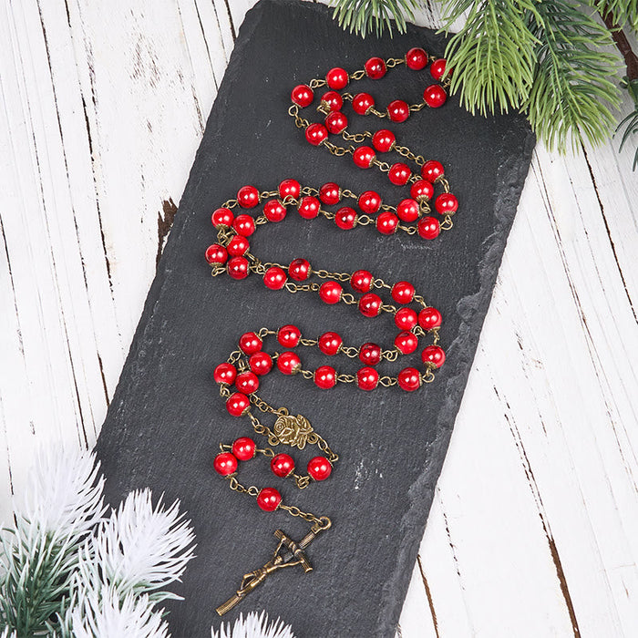 Rose & Crucifix of 8 mm Round Red Natural Stone Alloy Chain Rosary