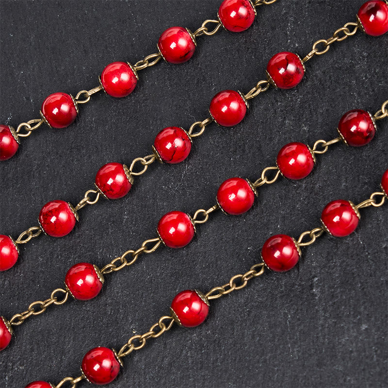 Rose & Crucifix of 8 mm Round Red Natural Stone Alloy Chain Rosary