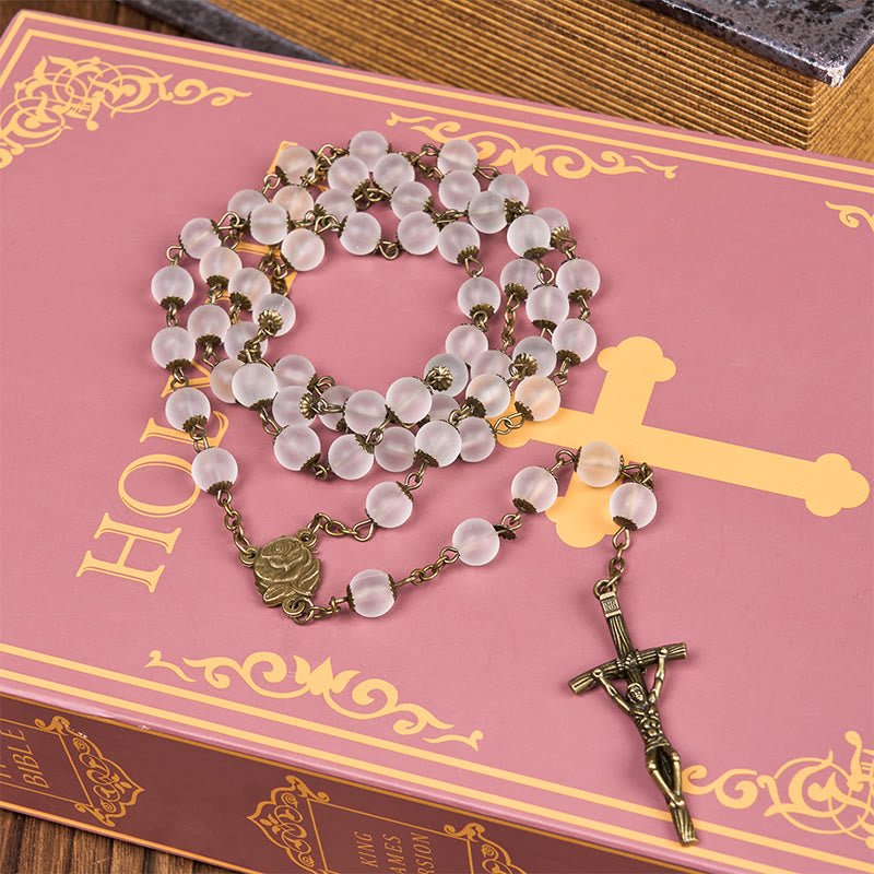 Rose & Crucifix of 8 mm Round Clear Glass Alloy Chain Rosary