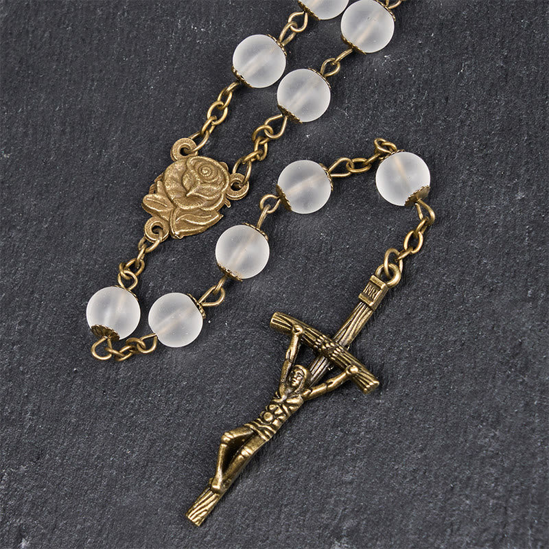 Rose & Crucifix of 8 mm Round Clear Glass Alloy Chain Rosary
