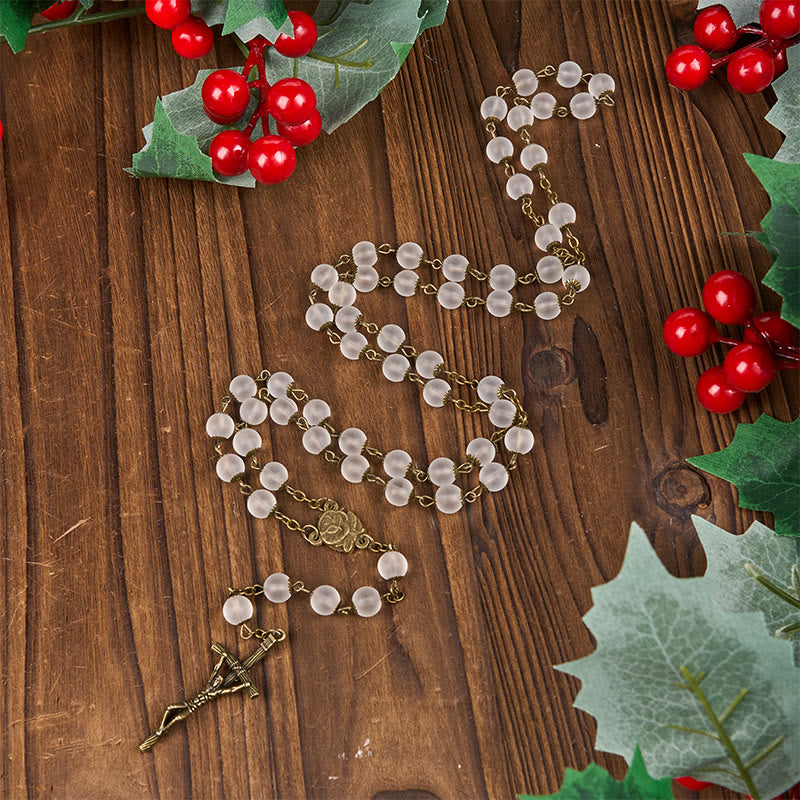 Rose & Crucifix of 8 mm Round Clear Glass Alloy Chain Rosary