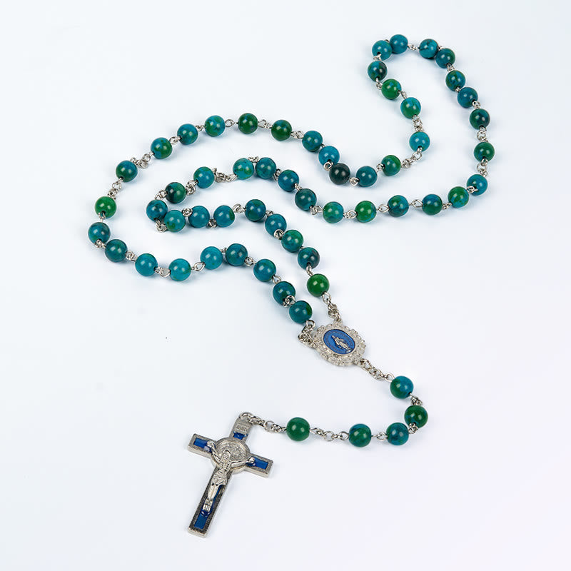 Miraculous Medal & Crucifix of 8 mm Round Green Blue Stone Alloy Chain Rosary