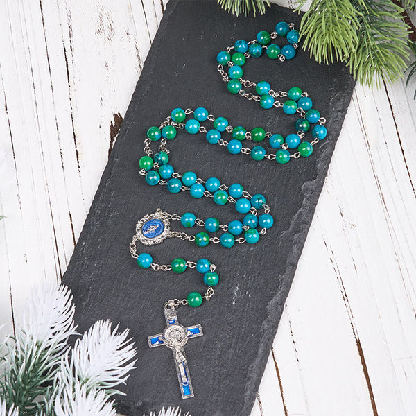 Miraculous Medal & Crucifix of 8 mm Round Green Blue Stone Alloy Chain Rosary