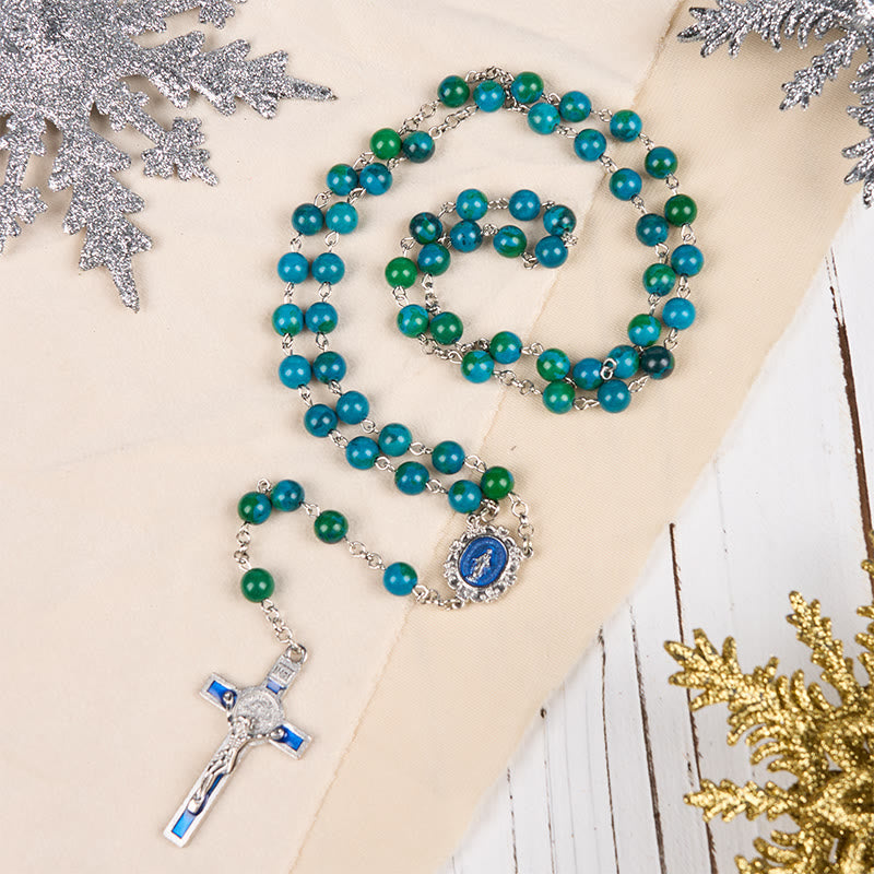Miraculous Medal & Crucifix of 8 mm Round Green Blue Stone Alloy Chain Rosary