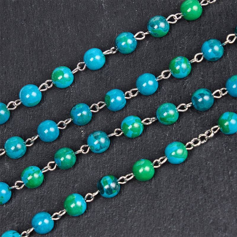 Miraculous Medal & Crucifix of 8 mm Round Green Blue Stone Alloy Chain Rosary