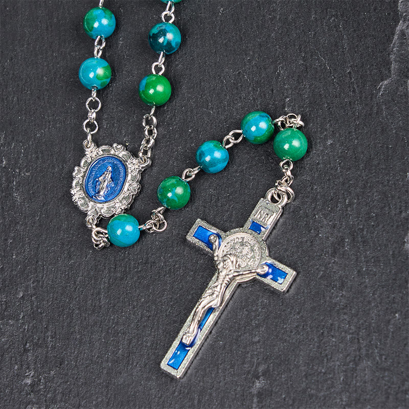 Miraculous Medal & Crucifix of 8 mm Round Green Blue Stone Alloy Chain Rosary