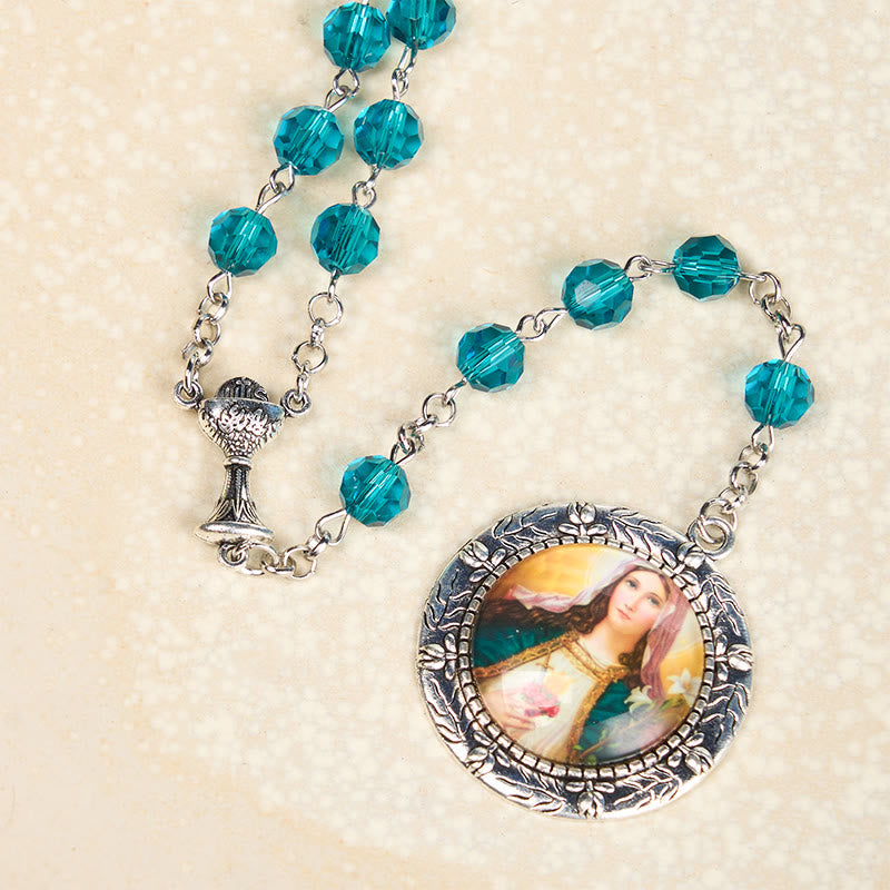 Sacred Heart of Jesus & Immaculate Heart of Mary of 8 mm Polyhedron Blue Glass Alloy Chain Rosary