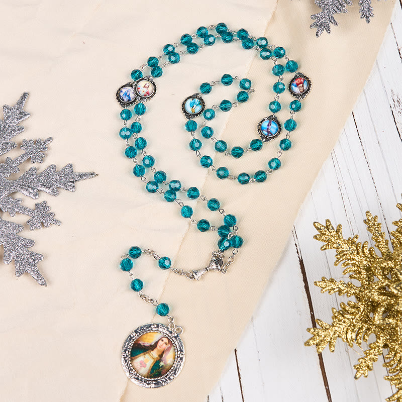 Sacred Heart of Jesus & Immaculate Heart of Mary of 8 mm Polyhedron Blue Glass Alloy Chain Rosary