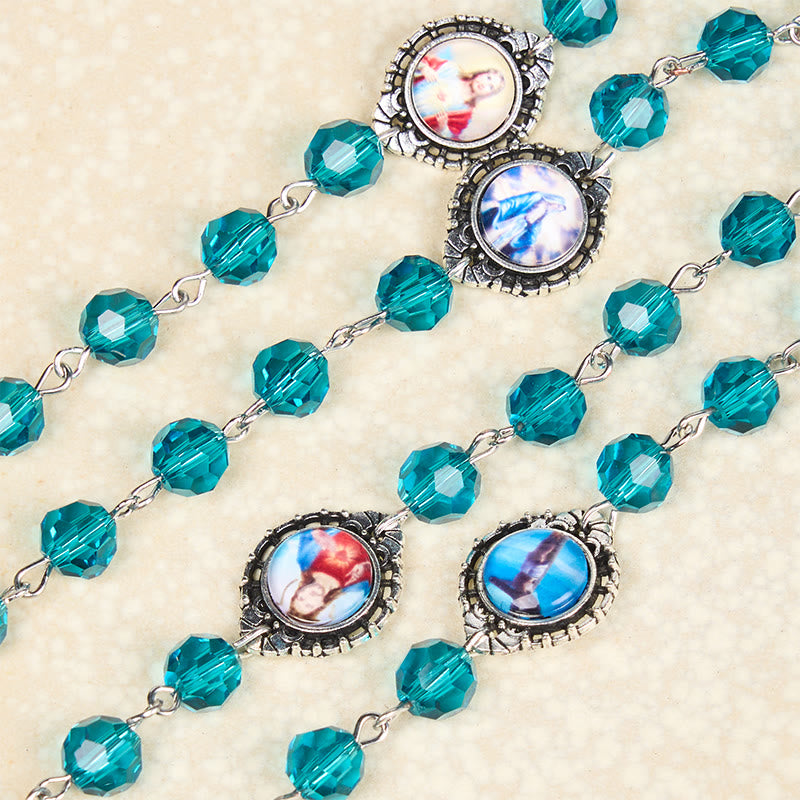 Sacred Heart of Jesus & Immaculate Heart of Mary of 8 mm Polyhedron Blue Glass Alloy Chain Rosary