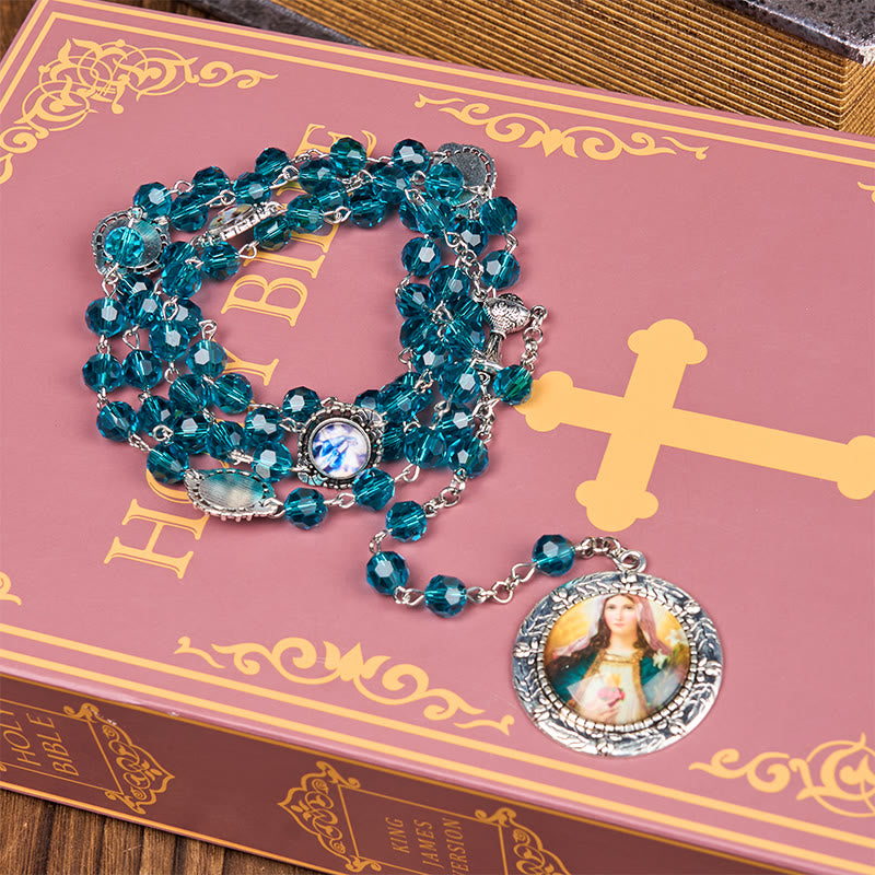 Sacred Heart of Jesus & Immaculate Heart of Mary of 8 mm Polyhedron Blue Glass Alloy Chain Rosary