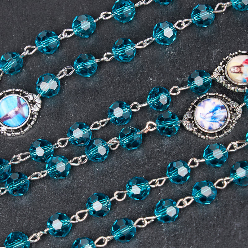 Sacred Heart of Jesus & Immaculate Heart of Mary of 8 mm Polyhedron Blue Glass Alloy Chain Rosary