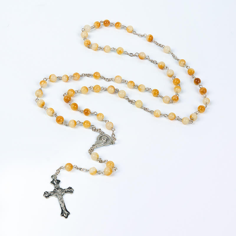 Virgin Mary & Crucifix of 8 mm Round Yellow Agate Alloy Chain Rosary
