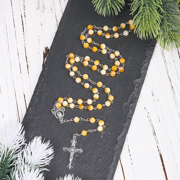 Virgin Mary & Crucifix of 8 mm Round Yellow Agate Alloy Chain Rosary