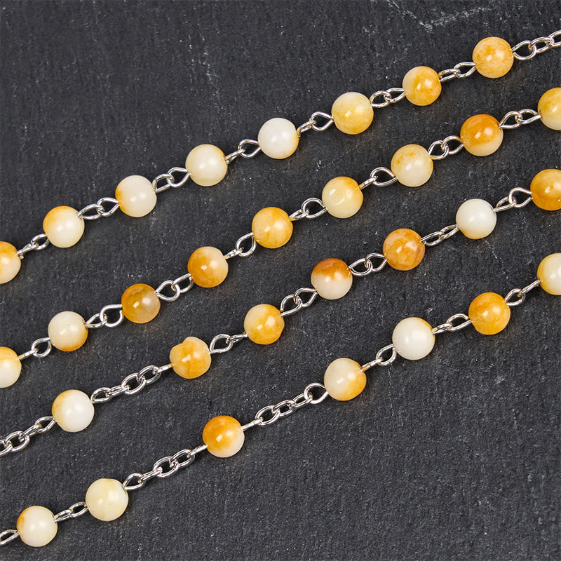 Virgin Mary & Crucifix of 8 mm Round Yellow Agate Alloy Chain Rosary