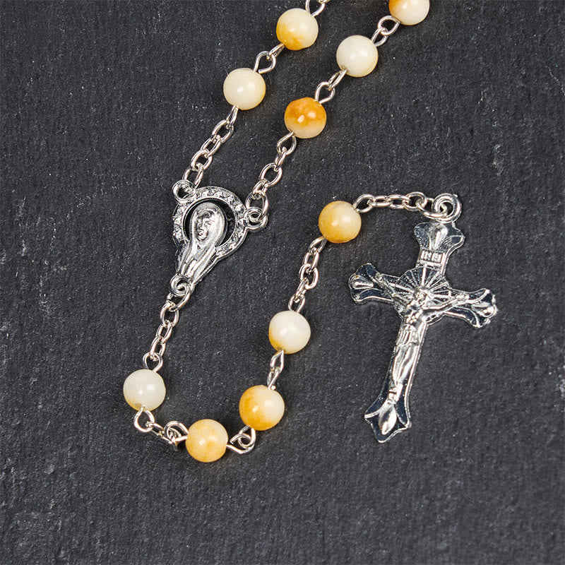 Virgin Mary & Crucifix of 8 mm Round Yellow Agate Alloy Chain Rosary