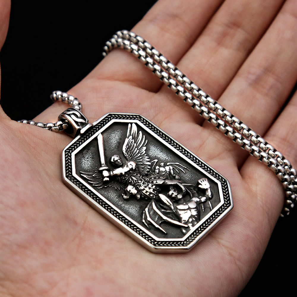Retro Style Archangel St. Micheal Protect Us Crafted Stainless Steel Pendant Necklace