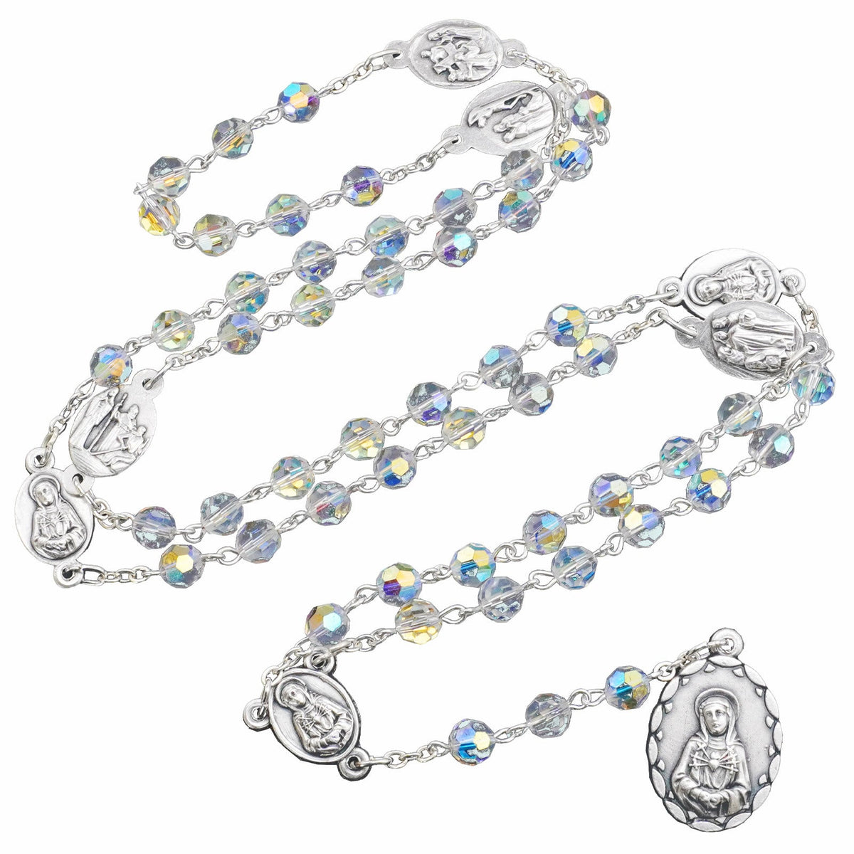 Virgin Mary of 6 mm Polyhedron Clear Crystal Alloy Chain Rosary