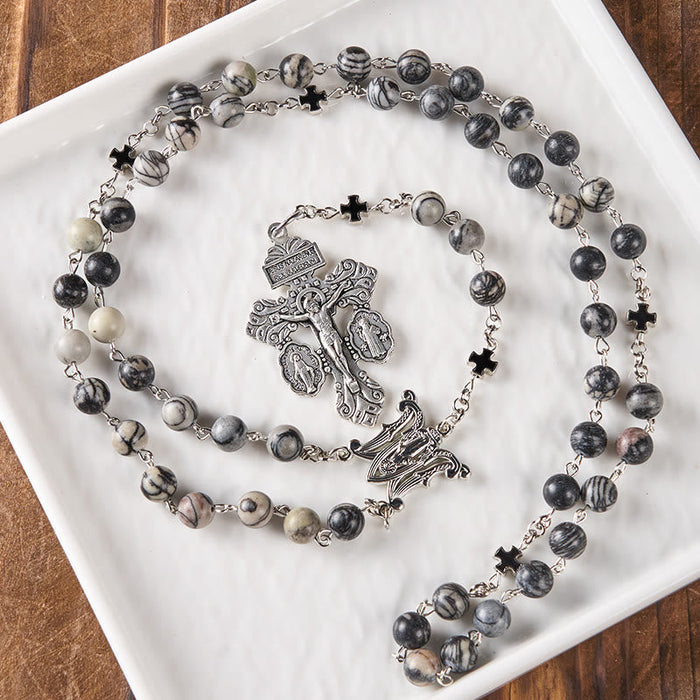 Miraculous Medal & Crucifix Of 8 Mm Round Camouflage Gray Natural Stone Alloy Chain Rosary