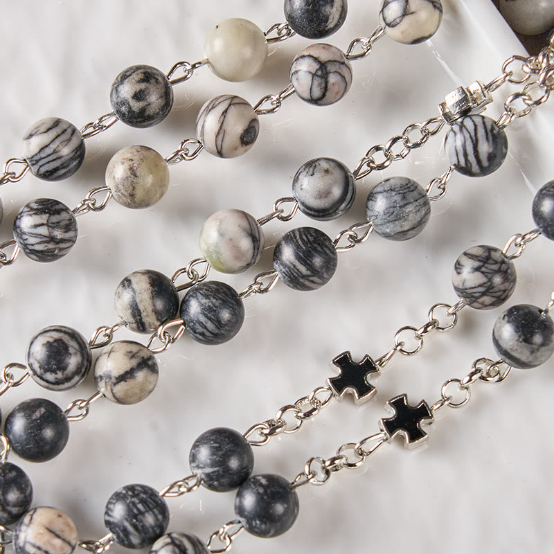 Miraculous Medal & Crucifix Of 8 Mm Round Camouflage Gray Natural Stone Alloy Chain Rosary