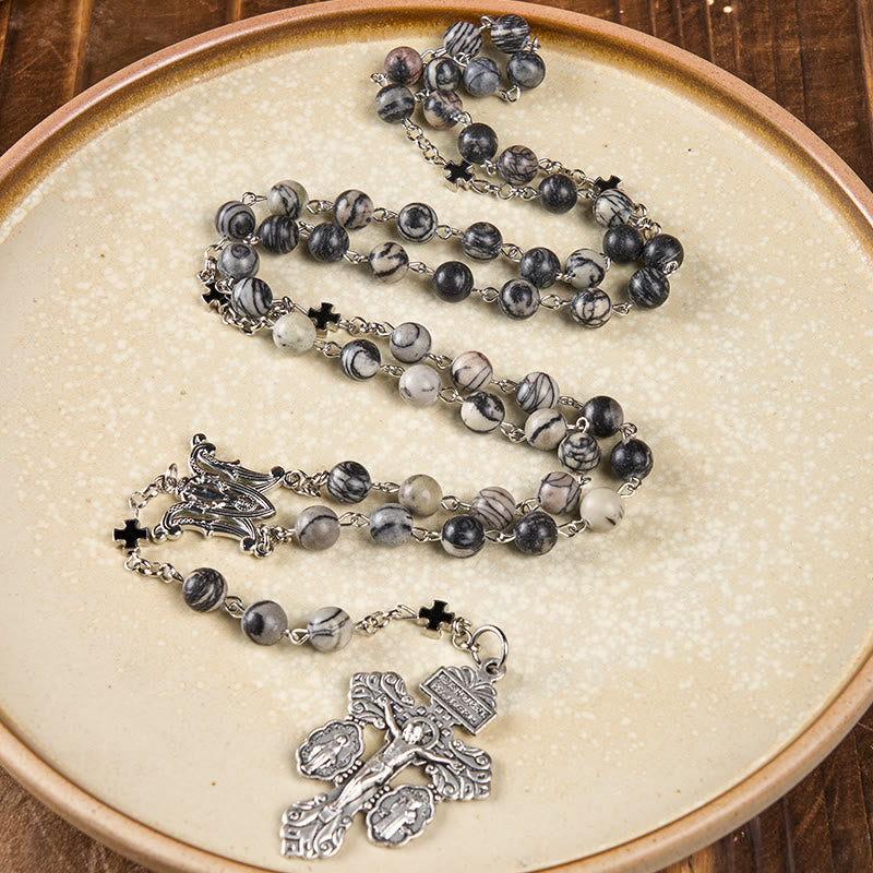 Miraculous Medal & Crucifix Of 8 Mm Round Camouflage Gray Natural Stone Alloy Chain Rosary