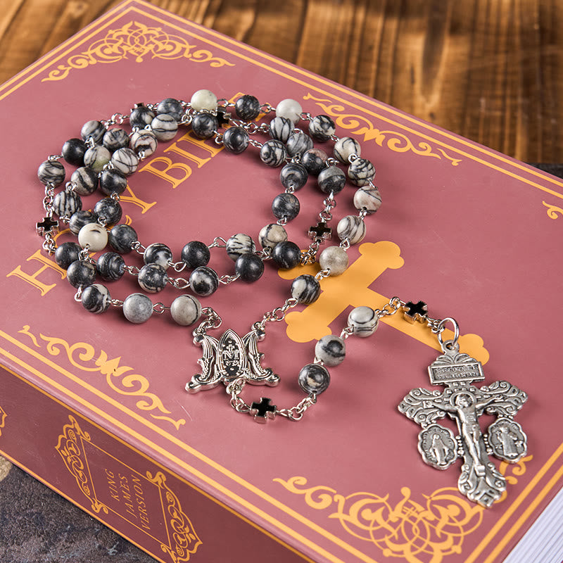 Miraculous Medal & Crucifix Of 8 Mm Round Camouflage Gray Natural Stone Alloy Chain Rosary